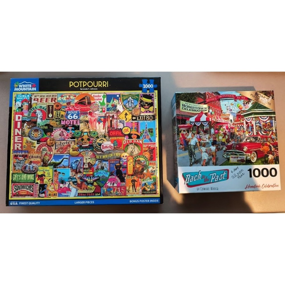 2 1000 Piece Puzzles White Mountain Potpourri & RoseArt Hometown Celebration